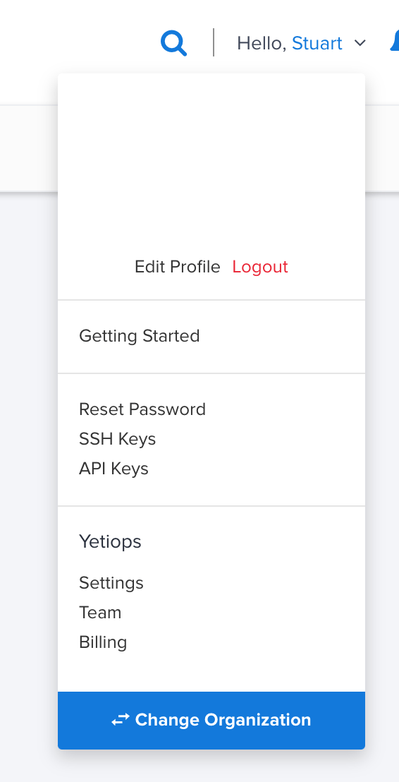 Equinix Metal Console Account Dropdown