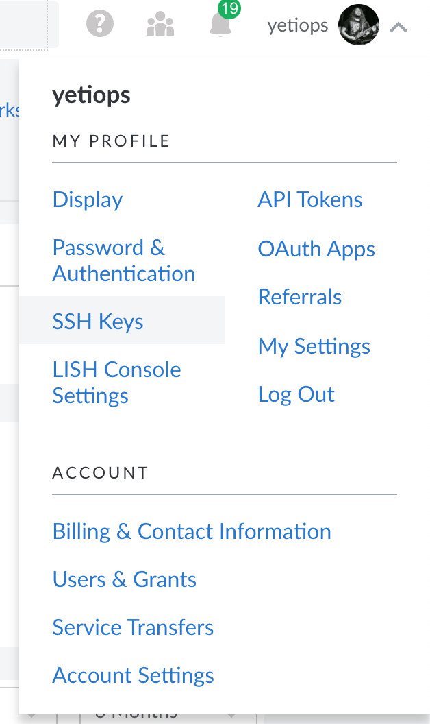 Linode Console - Account Dropdown